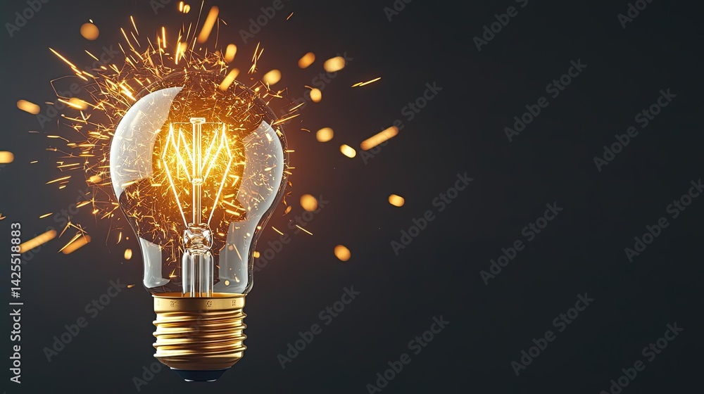 Poster explosion of lightbulb featuring electric filament concept. an exploding light bulb symbolizing inno