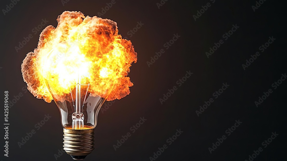 Poster explosion of lightbulb featuring electric filament concept. a light bulb exploding with vibrant flam