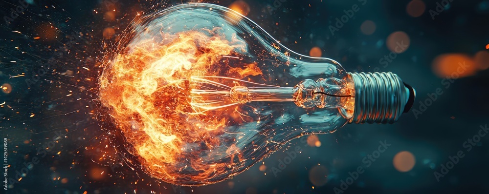 Poster explosion of lightbulb featuring electric filament concept. a light bulb exploding with vibrant colo