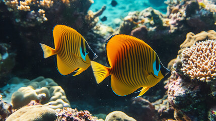 Two Butterflyfish Swimming in Coral Reef