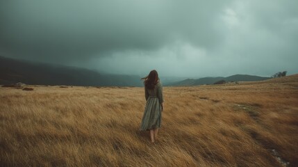 Solitary female in plaid dress walking through golden field under stormy skies