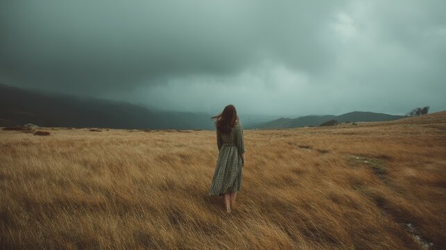 Solitary female in plaid dress walking through golden field under stormy skies - Powered by Adobe