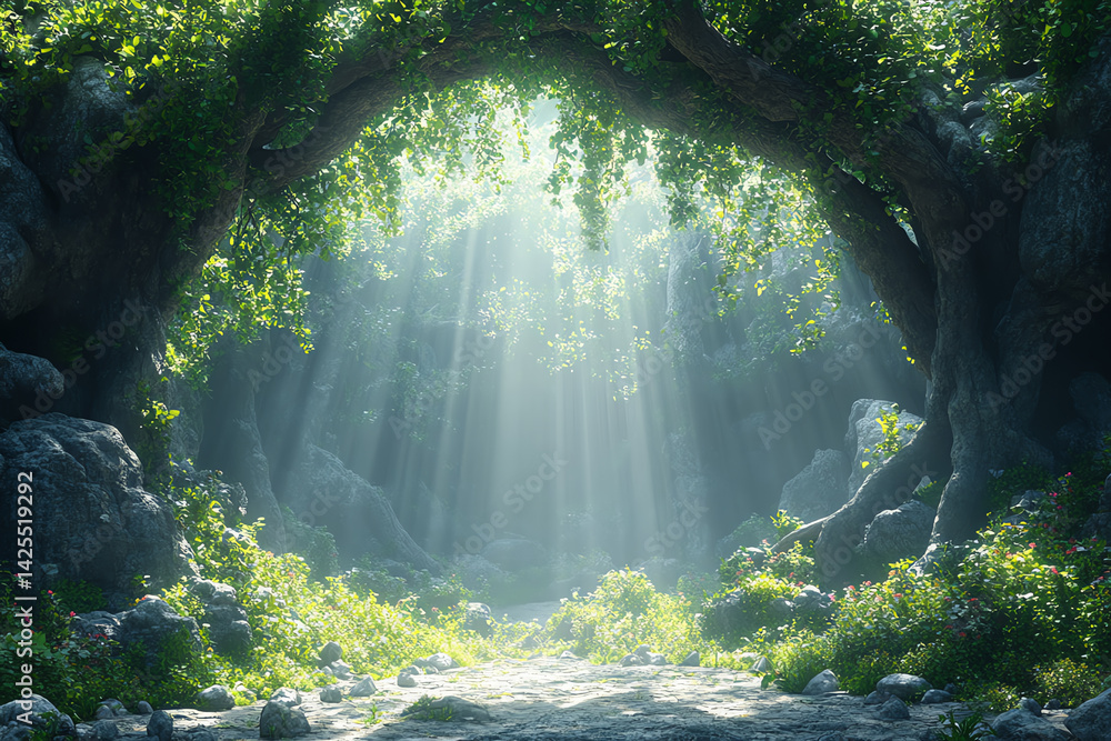 Poster A serene forest scene with sun rays filtering through lush greenery, creating a peaceful and inviting atmosphere.