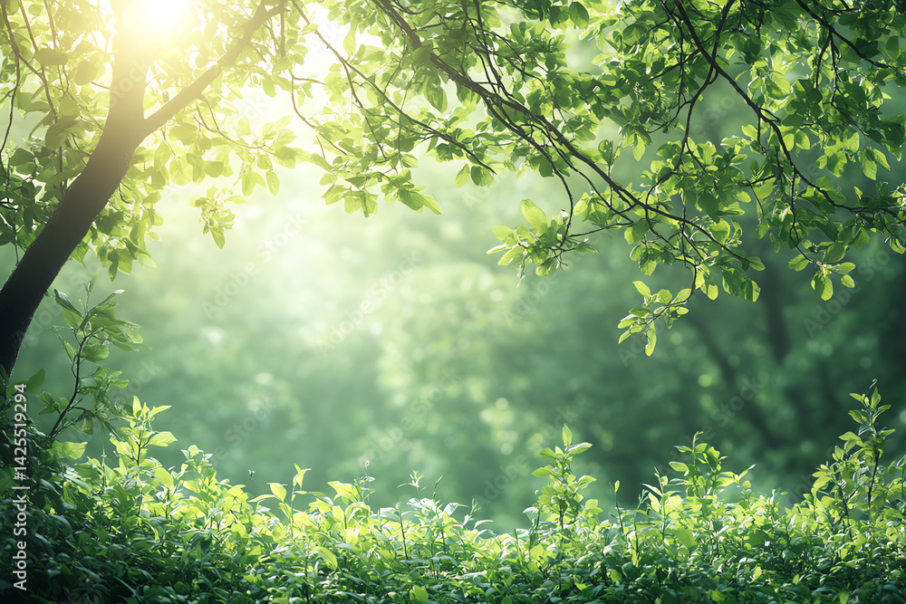 Poster a serene forest scene with sunlight filtering through vibrant green leaves, creating a peaceful atmo