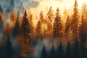 Obraz premium A serene forest at dawn, featuring golden leaves and mist, creating a tranquil atmosphere perfect for nature lovers.
