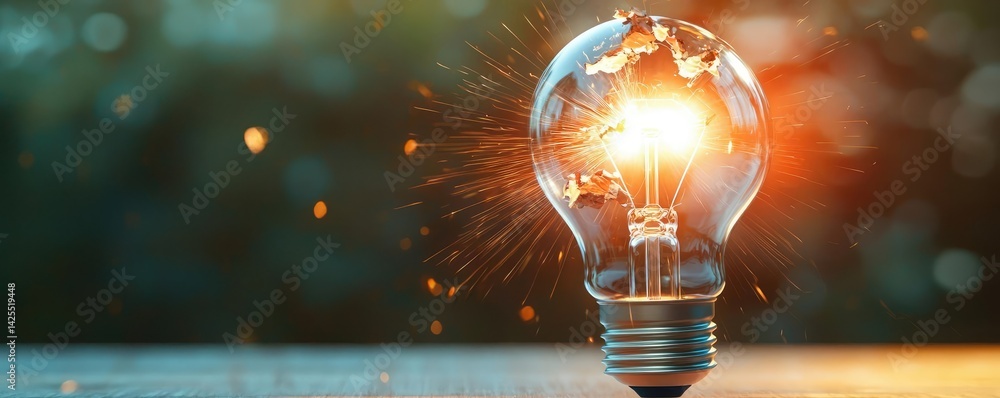 Poster explosion of lightbulb with conceptual high-speed impact concept. illuminating light bulb with glowi