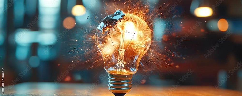 Poster explosion of lightbulb with conceptual high-speed impact concept. an illuminated light bulb bursting