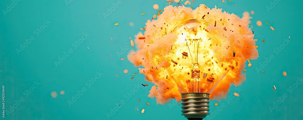Poster explosion of lightbulb with conceptual high-speed impact concept. an exploding light bulb creates a 