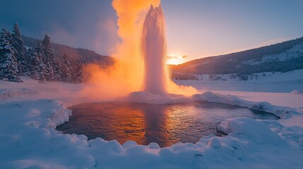 Fototapeta premium Winter Geyser Eruption at Sunrise