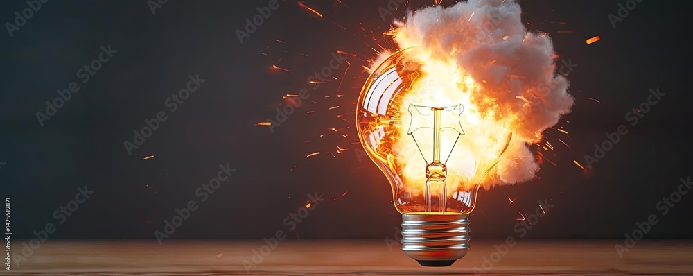 Poster explosion of lightbulb featuring electric filament concept. a light bulb exploding with fire and spa
