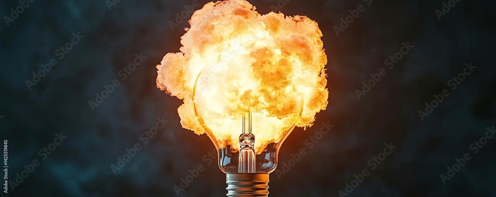 Poster explosion of lightbulb featuring electric filament concept. a light bulb exploding with bright flame