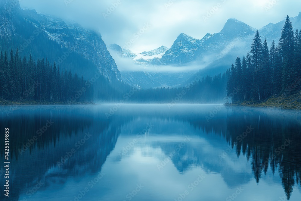 Aufkleber a serene lake surrounded by misty mountains and evergreen trees, creating a peaceful atmosphere in a