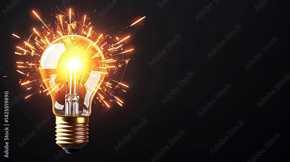Poster explosion of lightbulb with invention and creativity concept. illuminated light bulb radiating spark