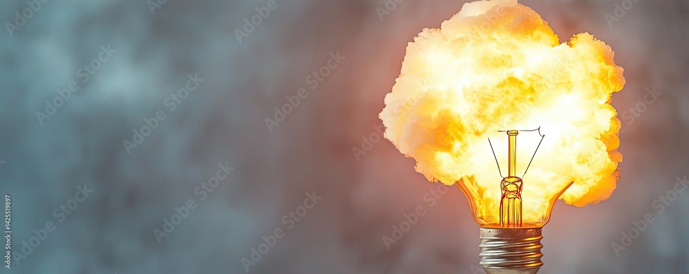 Poster explosion of lightbulb featuring electric filament concept. a dramatic light bulb exploding with col