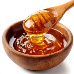 Delicious honey pouring in bowl isolated on white background