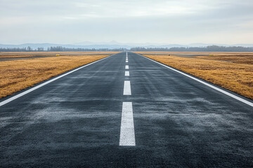 Fototapeta premium A serene landscape featuring a long, empty road stretching into the distance, surrounded by fields under a cloudy sky.
