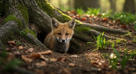 Captivating portrait of a fox kit emerging from its den in a woodland setting