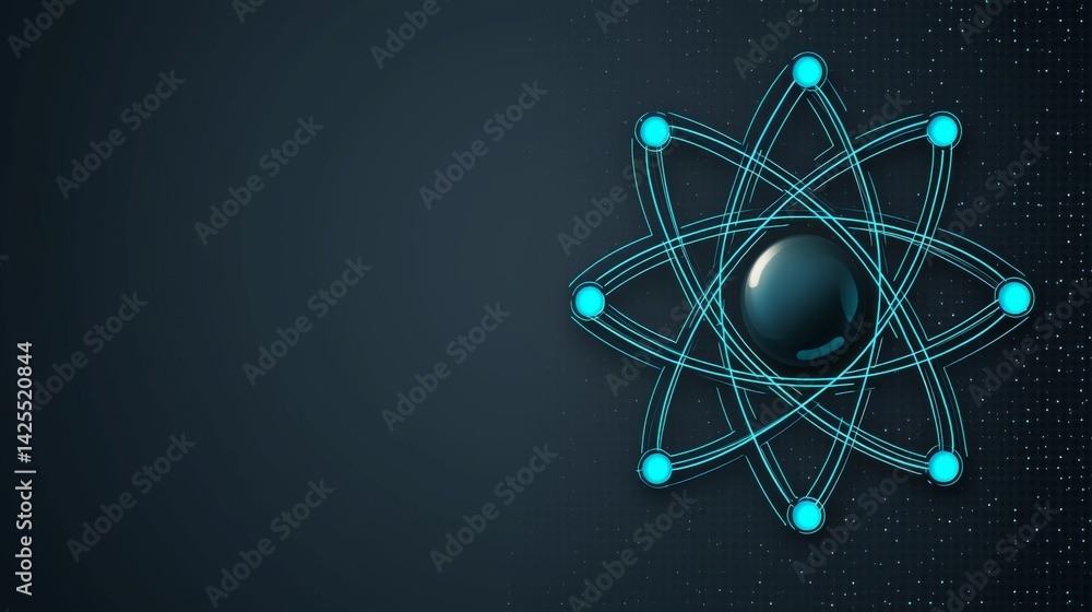 Poster abstract design of an atomic structure with blue lines representing energy flow and molecular connec