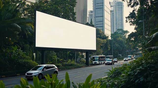A blank advertising billboard stands tall on a city street bordering a road, offering large outdoor commercial space under the sky