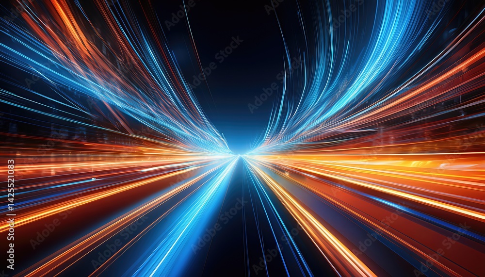 Poster dynamic display of highspeed light streaks in blue and orange dazzling motion effect illuminating an