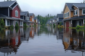 Obraz premium A serene neighborhood overtaken by floodwaters, showcasing the impact of nature on residential areas and the need for community resilience.