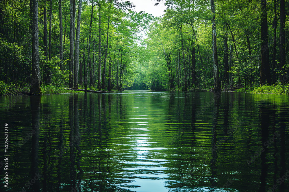 Poster a serene river flows through a lush green forest, reflecting the vibrant greenery and creating a pea