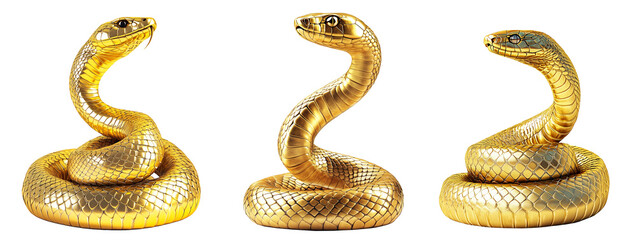 Coiled golden snake sculpture with detailed scales isolated on white transparent background, reptiles or wildlife, symbolizing Chinese Lunar New year