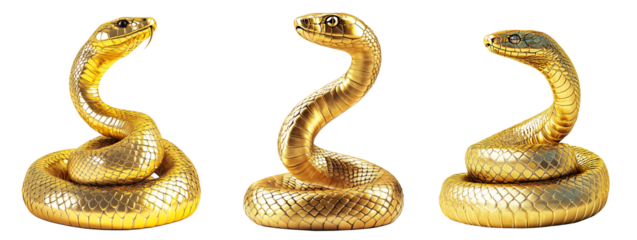 Coiled golden snake sculpture with detailed scales isolated on white transparent background, reptiles or wildlife, symbolizing Chinese Lunar New year