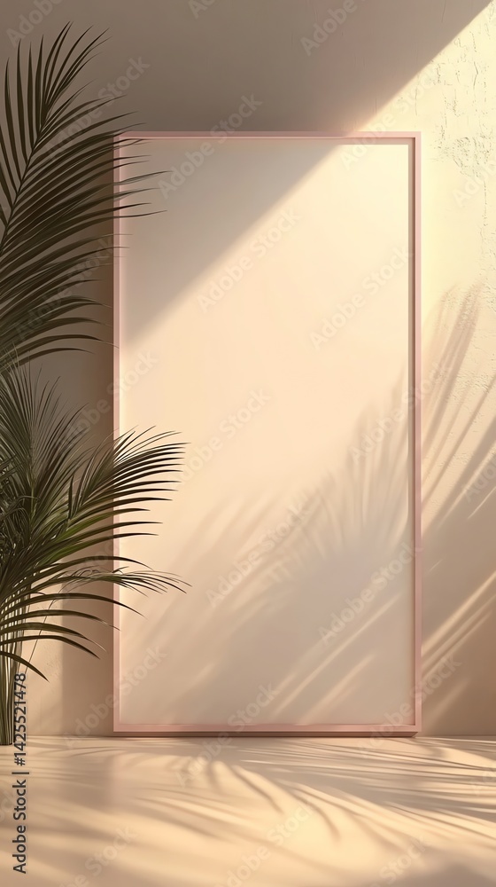 Poster displaying frame with palm tree and shadow play in a minimalist setting