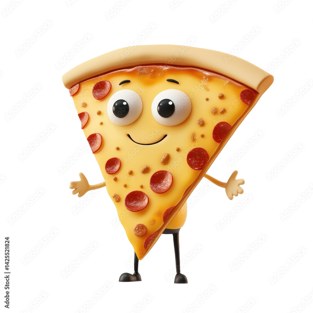 Poster pizza slice character with a smiling face and arms in a playful pose, promoting fun and creativity f