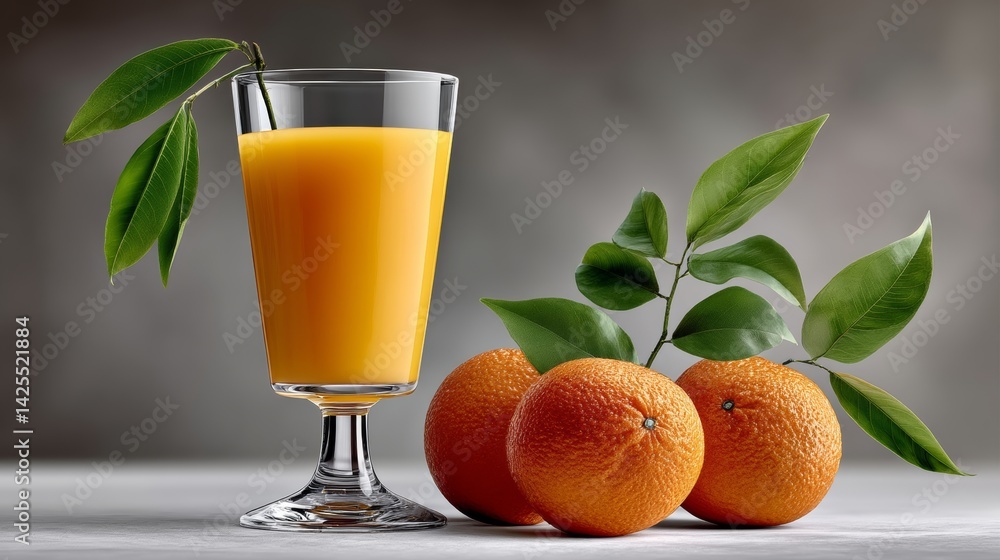 Poster glass of orange juice is on a table with a bunch of oranges. the oranges are in different stages of 
