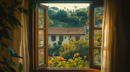 Serene view from a cozy window overlooking a vibrant garden and rustic house