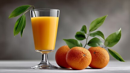 Fototapeta premium Glass of orange juice is on a table with a bunch of oranges. The oranges are in different stages of ripeness, with some being more ripe than others
