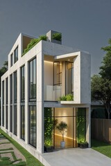 Fototapeta premium Modern concrete house with green accents showcasing sleek design greenery against a muted sky