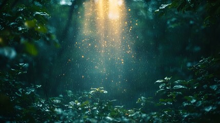 Mystical light beams through forest canopy