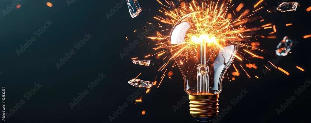 Poster explosion of lightbulb featuring electric filament concept. a light bulb exploding with sparks and s