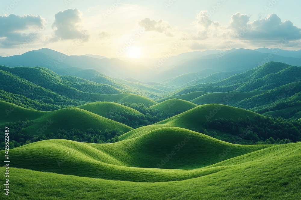 Poster a serene view of rolling green hills under a bright sky, capturing the essence of tranquility and na