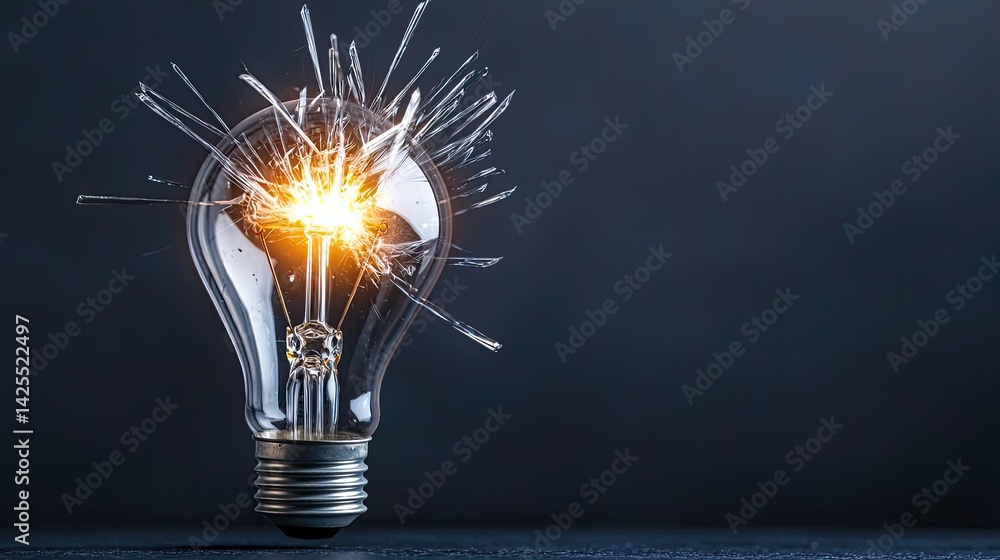 Poster explosion of lightbulb with invention and creativity concept. illuminated light bulb with sparks sym