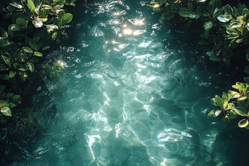 Fototapeta premium A serene water scene with sunlight reflecting on the surface, surrounded by lush green plants, evoking tranquility and nature's beauty.