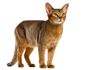 A Abyssinian cat with a yellow face stands on a white background