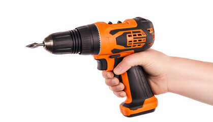 Hand holding cordless orange and black drill on background