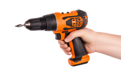 Hand holding cordless orange and black drill on background