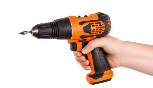 Hand holding cordless orange and black drill on background