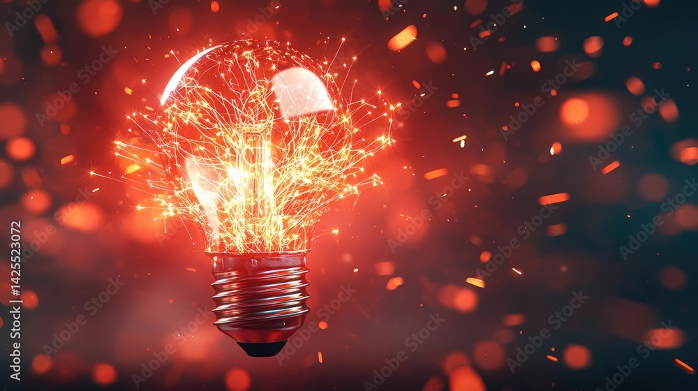 Poster explosion of lightbulb with conceptual high-speed impact concept. a glowing light bulb bursting with