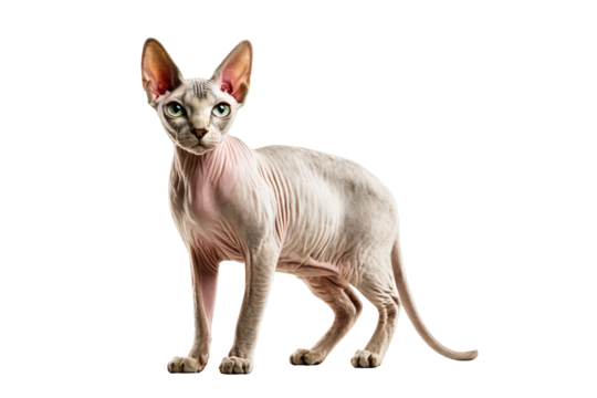 A white Sphynx cat with pink skin stands on a white background