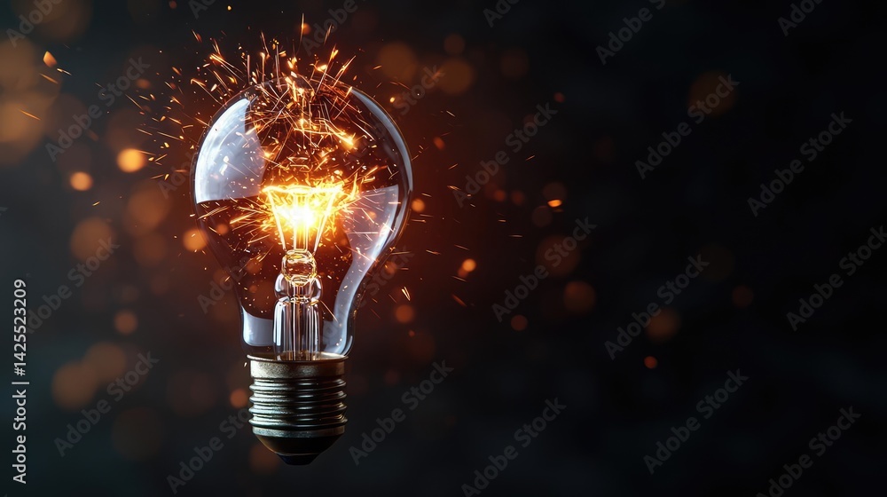 Poster explosion of lightbulb with conceptual high-speed impact concept. a glowing light bulb with sparks o