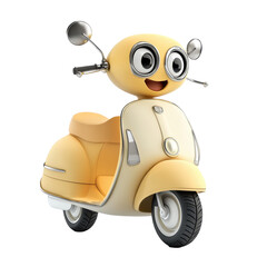 Happy cartoon character rides a cheerful yellow scooter in a vibrant, animated setting during bright daylight
