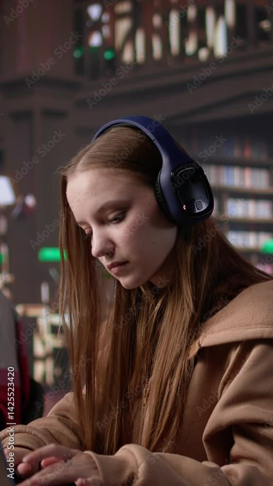 Poster vertical video young student attending to a web lecture with headset in the campus library, takes no