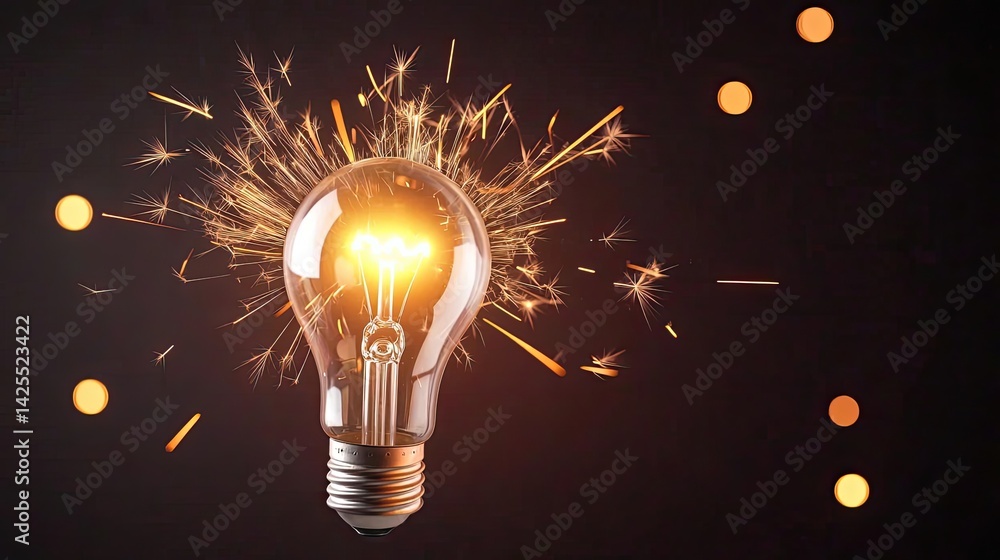 Poster explosion of lightbulb with invention and creativity concept. illuminated light bulb with sparks aga