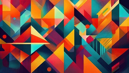 Vivid Geometric Abstraction Striking Arrangement of Colorful Shapes Constructing a Captivating Pattern, Evoking a Sense of Energetic Harmony and Dynamic Motion.